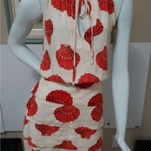 FARM RIO BRAZIL Red and Cream Shell Print Dress M but more like a S Linen blend